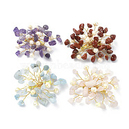Natural Mixed Gemstone Chips & Pearl Beaded Flower Brooch Pin, Golden 304 Stainless Steel Wire Wrap Lapel Pin for Women, 45~55x55~60x10mm(JEWB-BR00098)