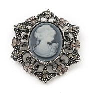 Alloy Rhinestone Brooch for Clothes Backpack, with Resin, Flower with Women, Antique Silver, 58x48x13.5mm(JEWB-Q030-53AS)