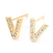 Brass Micro Pave Clear Cubic Zirconia Stud Earrings, Greek Alphabet, Real 18k Gold Plated, Letter.N, 8x7.5x1.9mm, Pin: 0.9mm(EJEW-O103-16G)