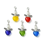 Heart Angel Glass Pendant Decorations, with Alloy Lobster Claw Clasps, Mixed Color, 49mm(HJEW-TA00090)