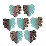Resin & Walnut Wood Pendants, Tropical Leaf Charms, Monstera Leaf Pendant, Dark Turquoise, 30x28x3.5mm, Hole: 2mm(RESI-S358-24I)