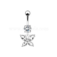 Piercing Jewelry, Brass Cubic Zirconia Navel Ring, Belly Rings, with 304 Stainless Steel Bar, Butterfly, Stainless Steel Color, 36x15.5mm, Pin: 1.6mm(BUER-PW0001-028C)