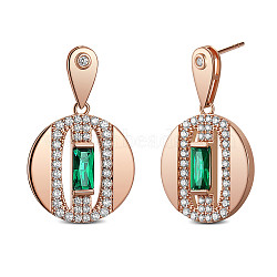 SHEGRACE Brass Micro Pave Grade AAA Cubic Zirconia Dangle Stud Earrings, Flat Round, Green, Rose Gold, 33x20mm(JE898B)