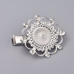 Hair Accessories Iron Alligator Hair Clip Findings, with Brass Filigree Flower Cabochon Bezel Settings, Platinum, Tray: 12mm, 34.5mm, Flower: 28mm(IFIN-L035-01P)