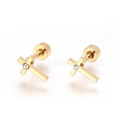 304 Stainless Steel Ear Fake Plugs, Ear Studs, with Rhinestone, Cross, Crystal, Golden, 10.5mm; Cross: 8.5x5.5x1.2mm; Pin: 1mm(STAS-I113-22G)