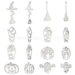 16Pcs 8 Style Halloween 201 Stainless Steel Pendants, Laser Cut, Coffin & Witch Broom & Ghost & Pumpkin Jack-O'-Lantern, Stainless Steel Color, 23~57x16~33x1mm, Hole: 1~1.5mm, 2pcs/style(STAS-UN0044-25)