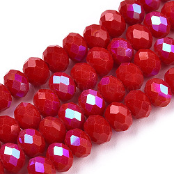 Electroplate Opaque Solid Color Glass Beads Strands, Half Rainbow Plated, Faceted, Rondelle, FireBrick, 2.9~3.3x2mm, Hole: 0.8mm, about 145~150pcs/strand, 34~35cm(EGLA-A034-P2mm-L21)