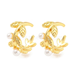 Rack Plating Brass Leaf Cuff Earrings with Plastic Pearl, Long-Lasting Plated, Lead Free & Cadmium Free, Real 18K Gold Plated, 14x15x8mm(EJEW-A028-56G)