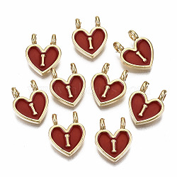 Alloy Enamel Charms, Cadmium Free & Lead Free, Heart with Initial Letters, Light Gold, FireBrick, Letter.I, 14.5x11.5x4.5mm, Hole: 2mm(X-ENAM-T012-02I-RS)