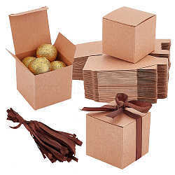 Square Folding Cardboard Paper Candy Gift Box, Food Packaging Box, with Silk Ribbon, Tan, Finished Product: 5x5x5cm(CON-WH0094-14A)