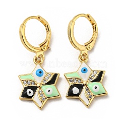 Real 18K Gold Plated Brass Dangle Leverback Earrings, with Enamel and Cubic Zirconia, Evil Eye, Black, 30.5x13mm(EJEW-A033-19G-02)