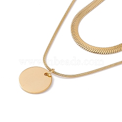 2Pcs 2 Style Ion Plating(IP) 304 Stainless Steel Flat Round Pendant Necklaces Set, Herringbone & Snake Chains Stackable Necklaces for Women, Golden, 15.94~17.72 inch(40.5~45cm), 1Pc/style(NJEW-G090-07G)