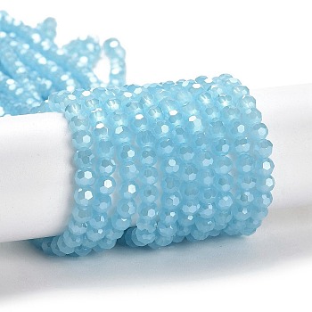 Electroplate Glass Beads Strands, Faceted, Pearl Luster Plated, Round, Light Sky Blue, 4mm, Hole: 0.7mm, about 88~95pcs/strand, 12.99~14.06 inch(33~35.7cm)