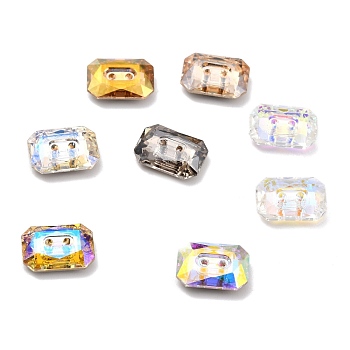 2-Hole Rectangle Glass Rhinestone Buttons, Back Plated, Faceted, Mixed Color, 10x14x4mm, Hole: 1.2mm