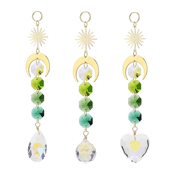 Electroplate Glass Heart & Teardrop Window Hanging Suncatchers, Golden Brass Sun & Moon and Glass Octagon Beads Pendants Decorations Ornaments, Green, 220x28mm