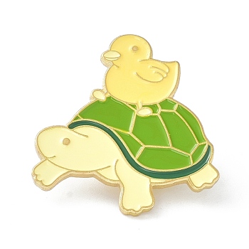 Tortoise and Duck Enamel Pin, Cartoon Animal Alloy Enamel Brooch Pin for Clothes Bags, Golden, Green, 30x28.5x10mm, Pin: 1mm