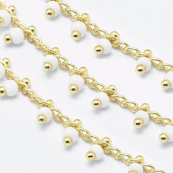 Handmade Glass Beaded Chains, Soldered, with Spool, Brass Chain, Golden, Long-Lasting Plated, White, 6x2mm, Chain: about 2mm wide, about 32.8 Feet(10m)/roll
