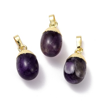 Natural Amethyst Pendants, with Golden Brass Findings, Oval, 18.5x9.5mm, Hole: 3.5x6.5mm