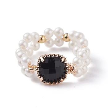 Bling Square Glass Finger Ring, Vintage Shell Pearl Beads Braided Ring for Girl Women, Golden, Black, US Size 9(18.9mm)