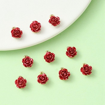Rack Plating Alloy Charms, with ABS Plastic, Cadmium Free & Lead Free, Rose Flower with Letter K, Dark Red, Light Gold, 10.5~11.5x8.5x5mm, Hole: 1.4mm