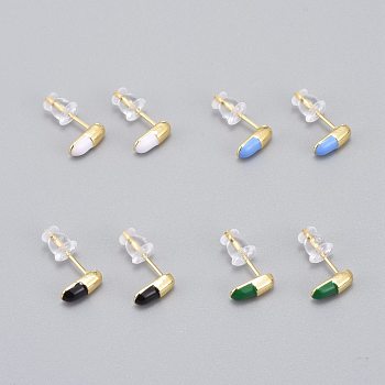 Brass Enamel Stud Earrings, with Plastic Ear Nuts, Long-Lasting Plated, Oval, Real 18K Gold Plated, Mixed Color, 8.5x4mm, Pin: 0.8mm