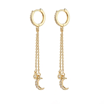 Clear Cubic Zirconia Moon Dangle Hoop Earrings, Brass Long Chain Tassel Drop Earrings for Women, Golden, 62mm, Pin: 1mm