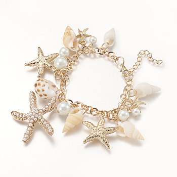 Trendy Shell Charm Bracelets, CCB Plastic Alloy Rhinestone Starfish/Sea Stars and Glass Pearl Pendants, with Iron Chains and Brass Lobster Claw Clasps, Golden, 230mm