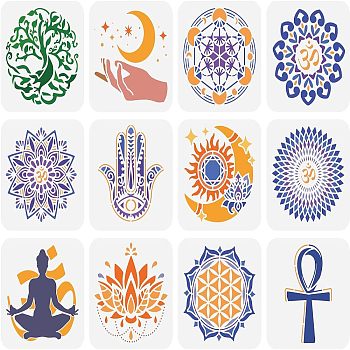 12Pcs 12 Styles PET Hollow Out Drawing Painting Stencils Sets, for DIY Scrapbook, Photo Album, Tree & Chakra & Flower & Sun & Moon, Mixed Patterns, 150x150mm, 1pc/style