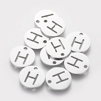 201 Stainless Steel Charms, Flat Round with Letter, Stainless Steel Color, Letter.H, 12x1mm, Hole: 1.5mm