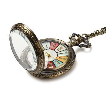 Alloy Glass Pendant Pocket Necklace, Electronic Watches, with Iron Chains and Lobster Claw Clasps, Flat Round, Antique Bronze, 16.14 inch(41cm), watches: 59x40x16mm