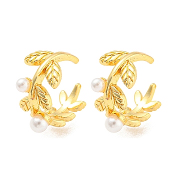 Rack Plating Brass Leaf Cuff Earrings with Plastic Pearl, Long-Lasting Plated, Lead Free & Cadmium Free, Real 18K Gold Plated, 14x15x8mm