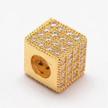 Cube Brass Micro Pave Cubic Zirconia Beads, Golden, 7x7x7mm, Hole: 3.5mm