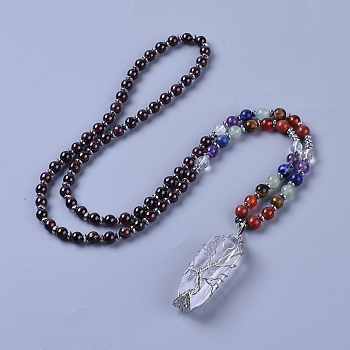 Natural Garnet & Natural Mixed Stone Pendant Necklace, with Quartz Crystal Pendant and Brass Findings, 28.3 inch(72cm), beads: 4~6.5mm, pendant: 57~63x13~17x14~16mm