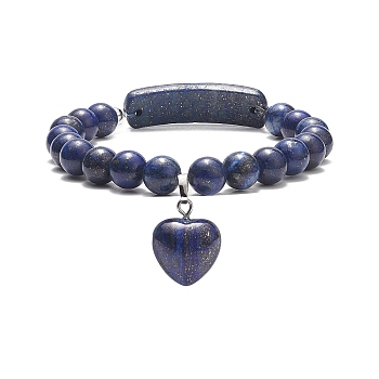 Natural Lapis Lazuli(Dyed) Beaded Bracelets, Heart Shape Pendant Bracelet, for Women, 3/8 inch(0.85cm), Inner Diameter: 2-1/8 inch(5.5cm)
