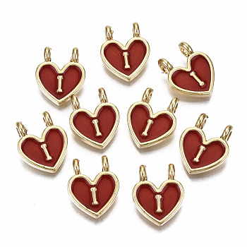 Alloy Enamel Charms, Cadmium Free & Lead Free, Heart with Initial Letters, Light Gold, FireBrick, Letter.I, 14.5x11.5x4.5mm, Hole: 2mm