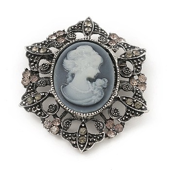Alloy Rhinestone Brooch for Clothes Backpack, with Resin, Flower with Women, Antique Silver, 58x48x13.5mm