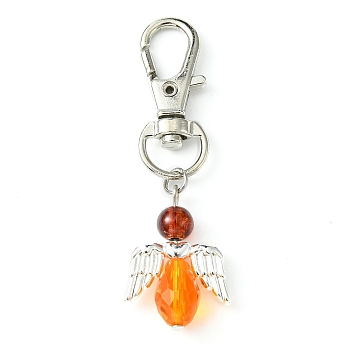 Angel Glass Pendant Decoration, with Alloy Swivel Lobster Claw Clasps, Orange, 68mm