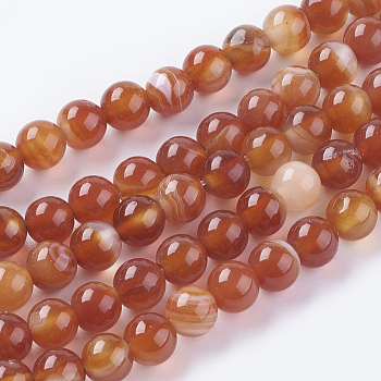 Natural Striped Agate/Banded Agate Beads Strands, Dyed, Round, FireBrick, 6mm, Hole: 1mm, about 64pcs/strand, 15 inch