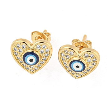 Evil Eye Real 18K Gold Plated Brass Stud Earrings, with Enamel and Clear Cubic Zirconia, Heart, 10.5x11mm