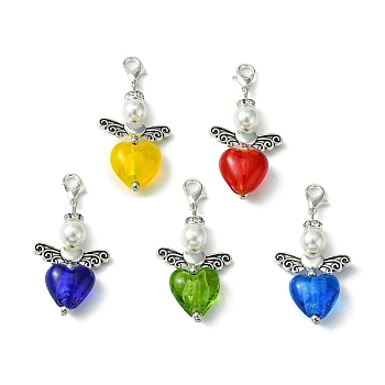 Heart Angel Glass Pendant Decorations, with Alloy Lobster Claw Clasps, Mixed Color, 49mm