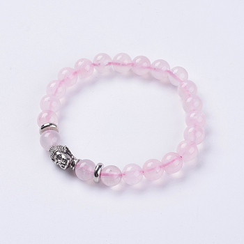 Natural Rose Quartz Beads Stretch Bracelets, with Alloy Finding, Buddha's Head, 2-1/8 inch(55mm)