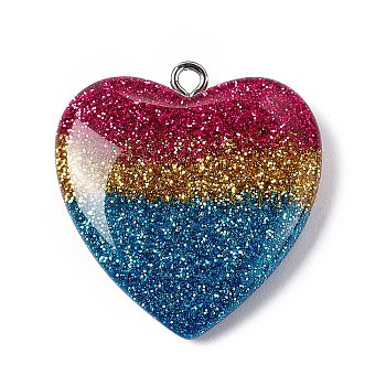 Rainbow Color Transparent Resin Pendants, Glitter Powder Heart Charms, with Platinum Tone Iron Loops, Colorful, 28.7x27x6.3mm, Hole: 2mm