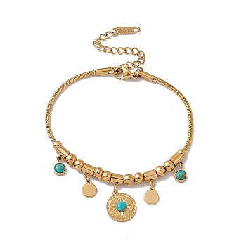 Synthetic Turquoise Charm Bracelet with Round Snake Chains, 304 Stainless Steel Jewelry for Women, Golden, Round Pattern, Flat Round: 14x12x3mm, 7-1/8 inch(18cm)