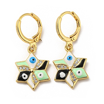 Real 18K Gold Plated Brass Dangle Leverback Earrings, with Enamel and Cubic Zirconia, Evil Eye, Black, 30.5x13mm