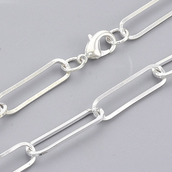 Brass Flat Oval Paperclip Chain Necklace Making, with Lobster Claw Clasps, Silver, 19.68 inch(50cm), Link: 22x6x1mm