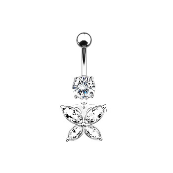 Piercing Jewelry, Brass Cubic Zirconia Navel Ring, Belly Rings, with 304 Stainless Steel Bar, Butterfly, Stainless Steel Color, 36x15.5mm, Pin: 1.6mm