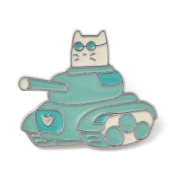 Cat with Tank Enamel Pins, Alloy Brooches for Backpack Clothes, Light Sea Green, 30.5x30.3mm