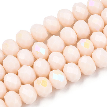 Electroplate Opaque Solid Color Glass Beads Strands, Half Rainbow Plated, Faceted, Rondelle, Antique White, 4x3mm, Hole: 0.4mm, about 113~115pcs/strand, 41~42cm