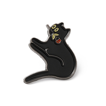 Alloy Brooches, Enamel Pins, for Backpack Cloth, Cat with Rose, Black, 29x24.5x1.5mm