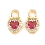 Brass Micro Pave Red Cubic Zirconia Pendants, Heart Charms, Real 18K Gold Plated, 16x10x5mm, Hole: 4mm(CU-BAA6E8-03G)
